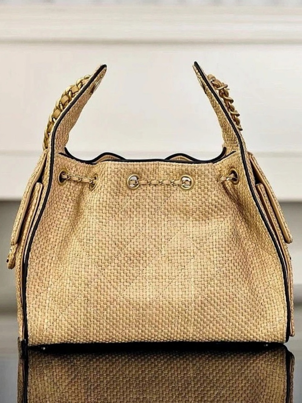 CC Raffia Drawstring 25 Mini Bucket Bag Tan - Picture 3 of 7